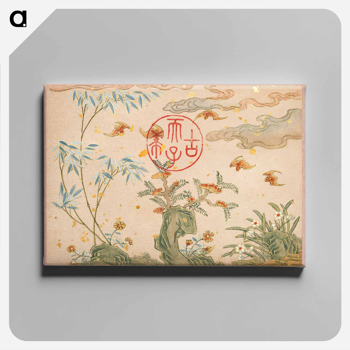 Bats, rocks, flowers circular calligraphy - Zhang Ruao Canvas.