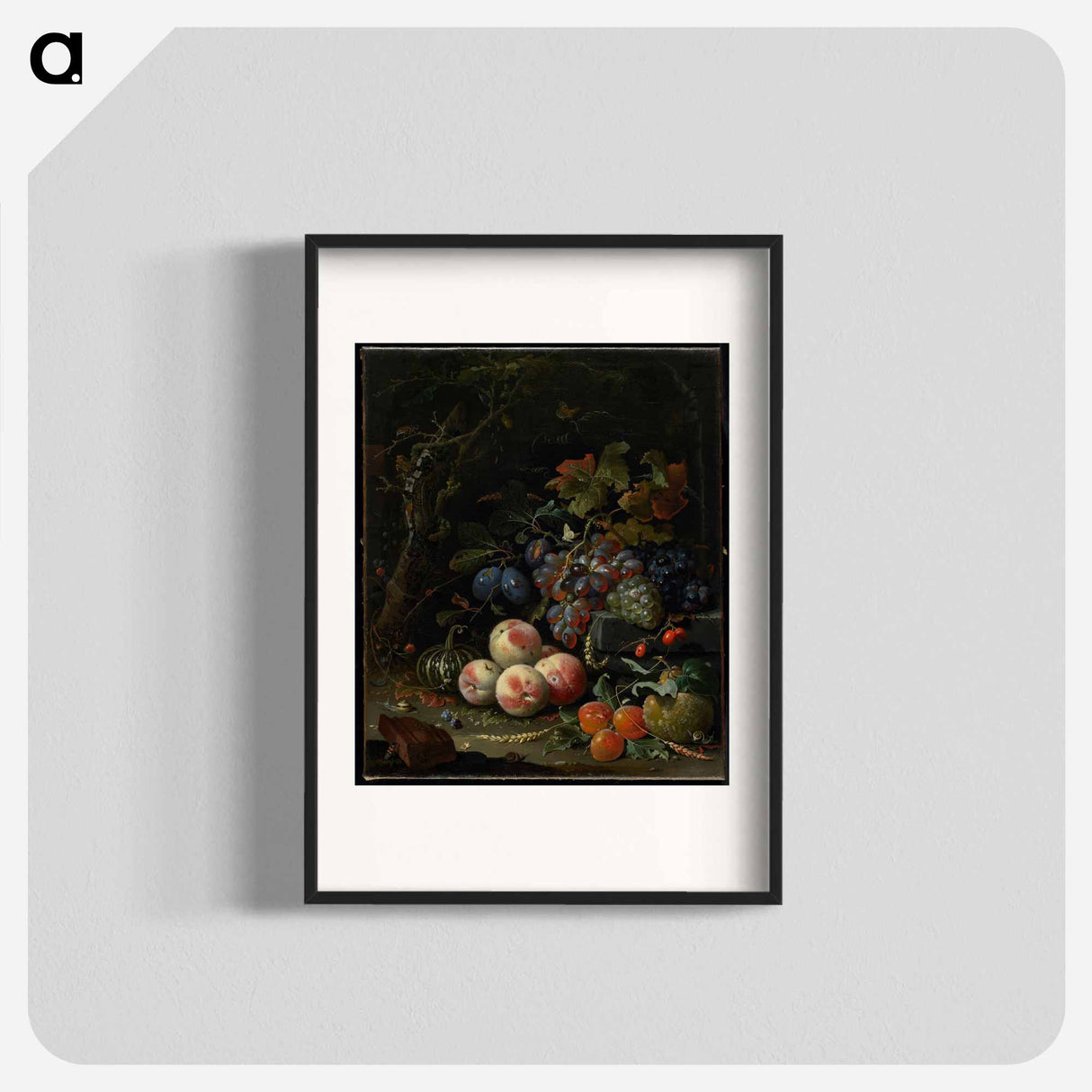 Dutch still life with fruit, foliage, and insects - エイブラハム ミニョン Poster.