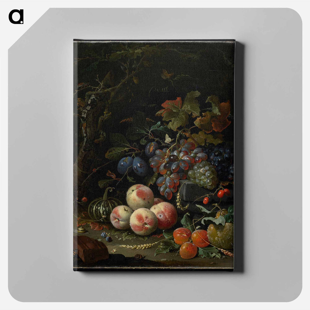 Dutch still life with fruit, foliage, and insects - エイブラハム ミニョン Canvas.