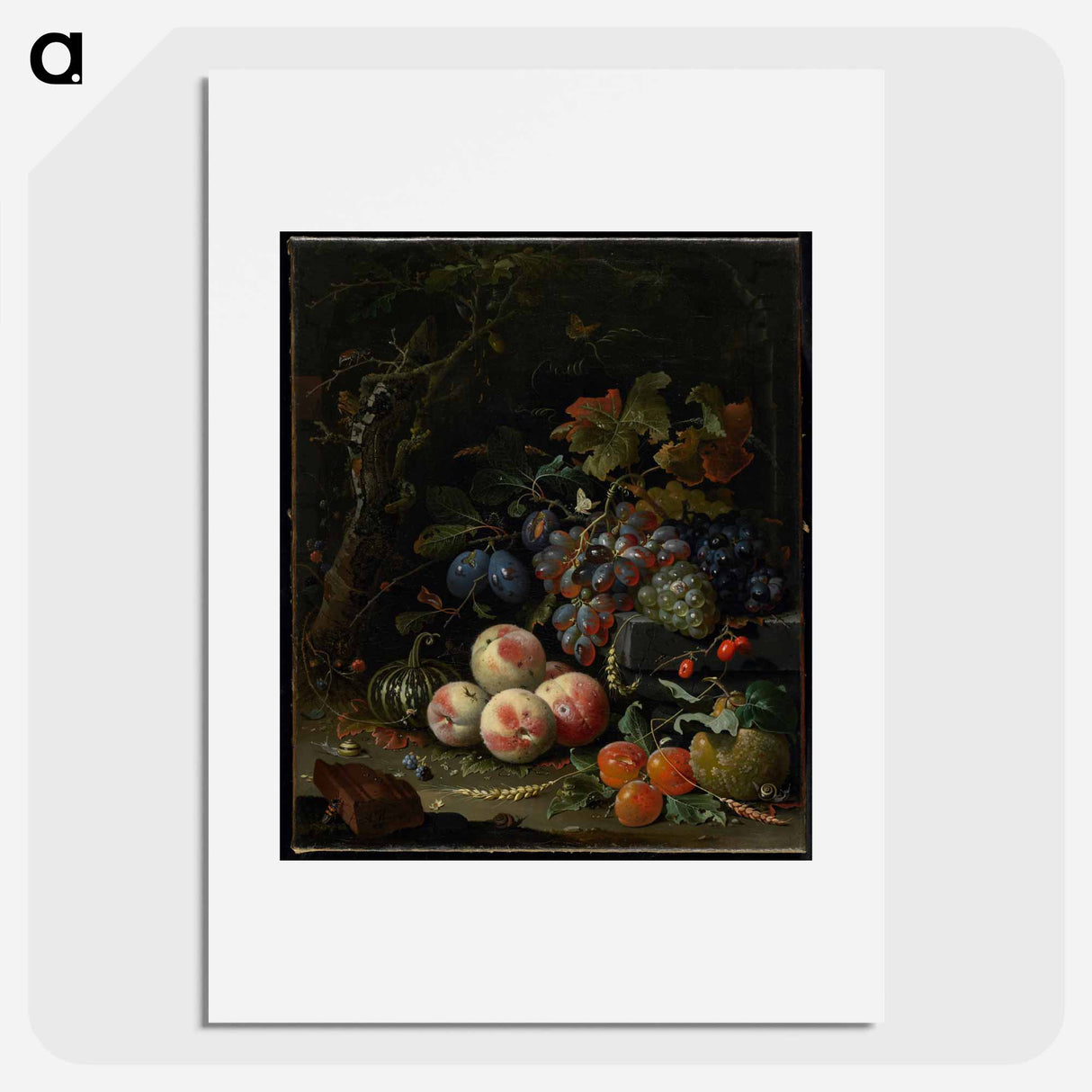 Dutch still life with fruit, foliage, and insects - エイブラハム ミニョン Poster.