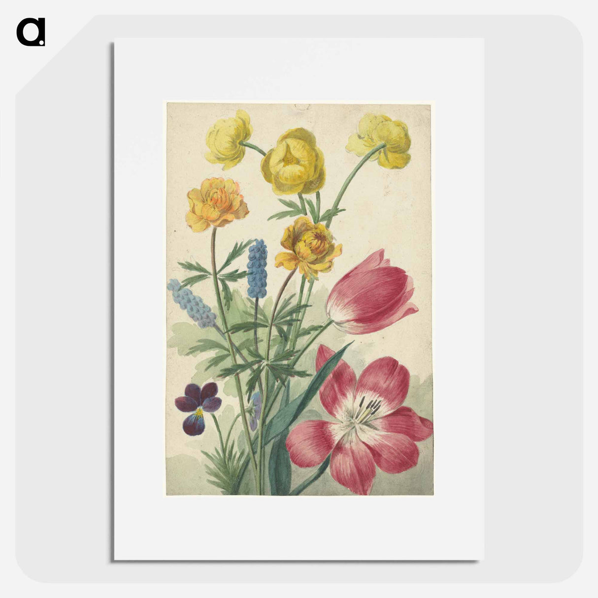 アートポスター-Boeket van tulpen, viooltjes, blauwe druifjes en dotters - ウィレム ヴァン リーン Poster.
