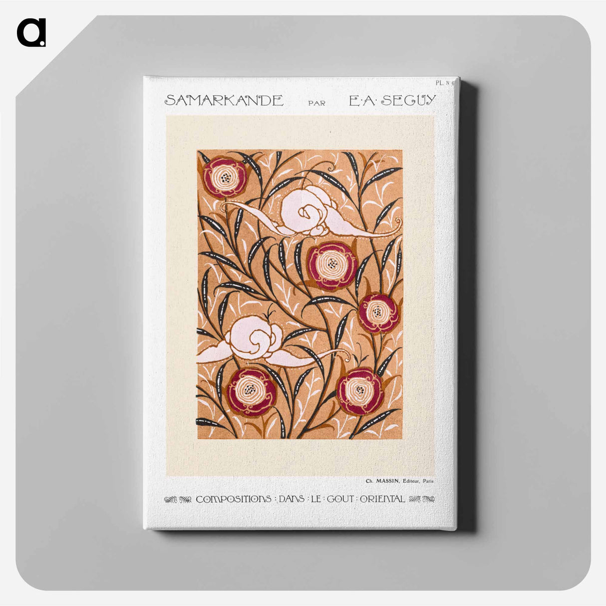 アートパネル-Art Nouveau Flower pattern stencil print in oriental style - E.A.セギー Canvas.