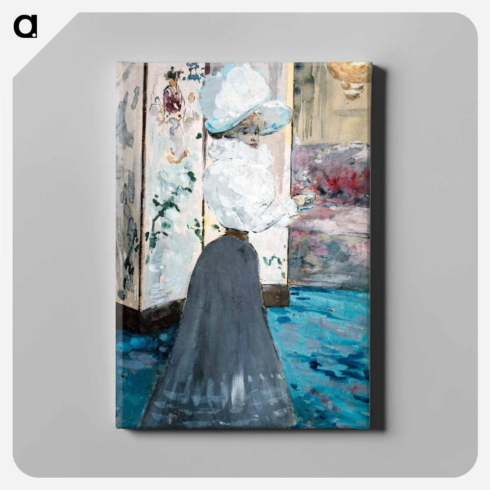 Woman holding a cup in front of a Japanese folding screen - アンリ ソム Canvas.