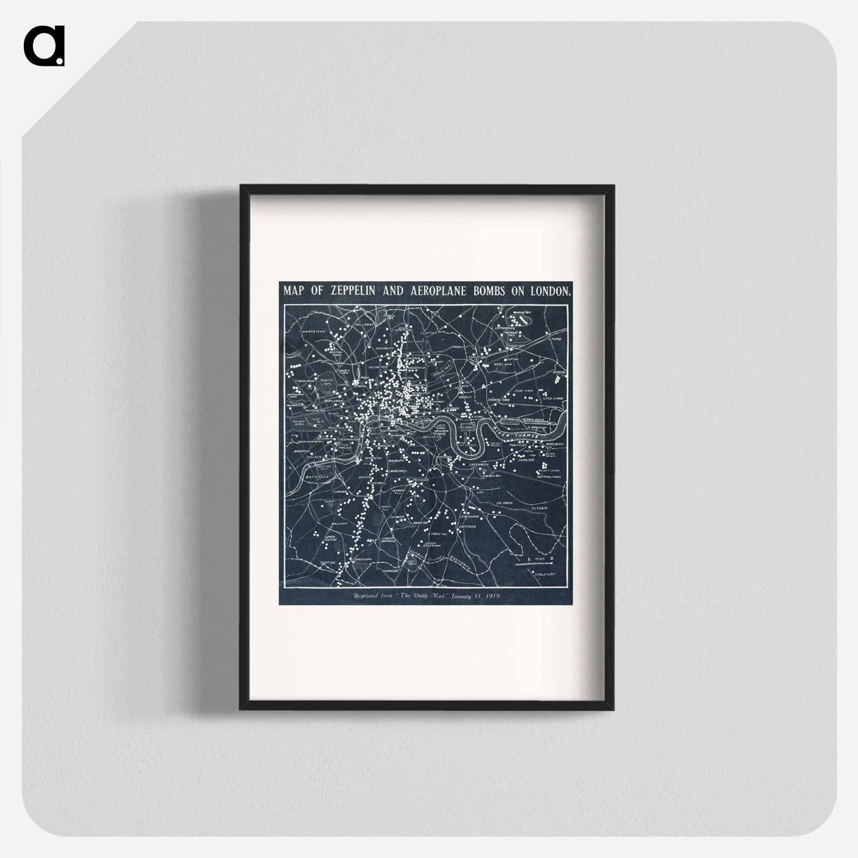 Map of Zeppelin and aeroplane bombs on London - アンティーク地図 Poster.