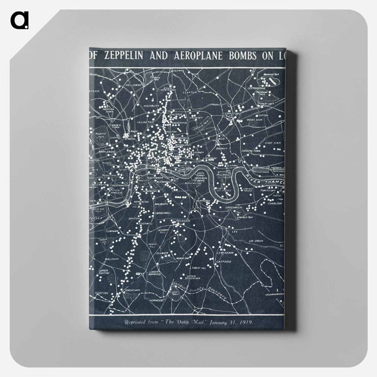 Map of Zeppelin and aeroplane bombs on London - アンティーク地図 Canvas.