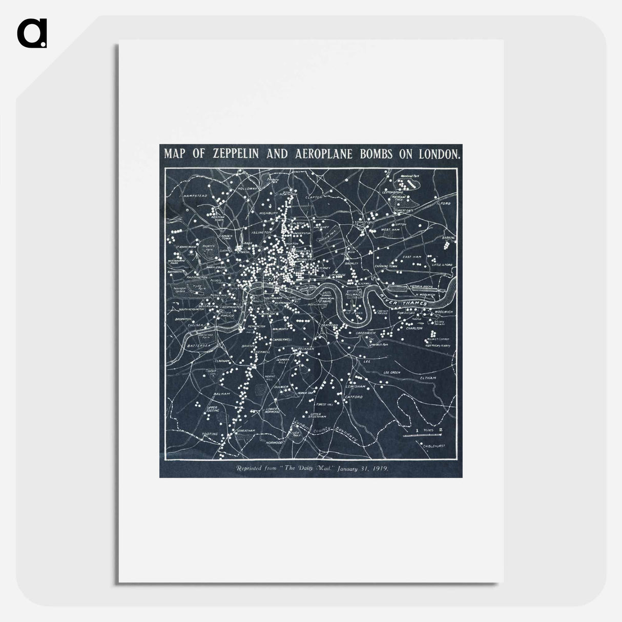 Map of Zeppelin and aeroplane bombs on London - アンティーク地図 Poster.