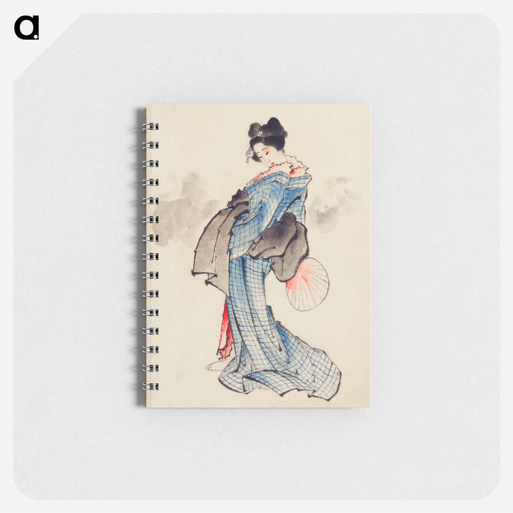 Woman, Full-Length Portrait, Standing, Facing Left, Holding Fan in Right Hand, Wearing Kimono with Check Design - 葛飾 北斎 Memo.