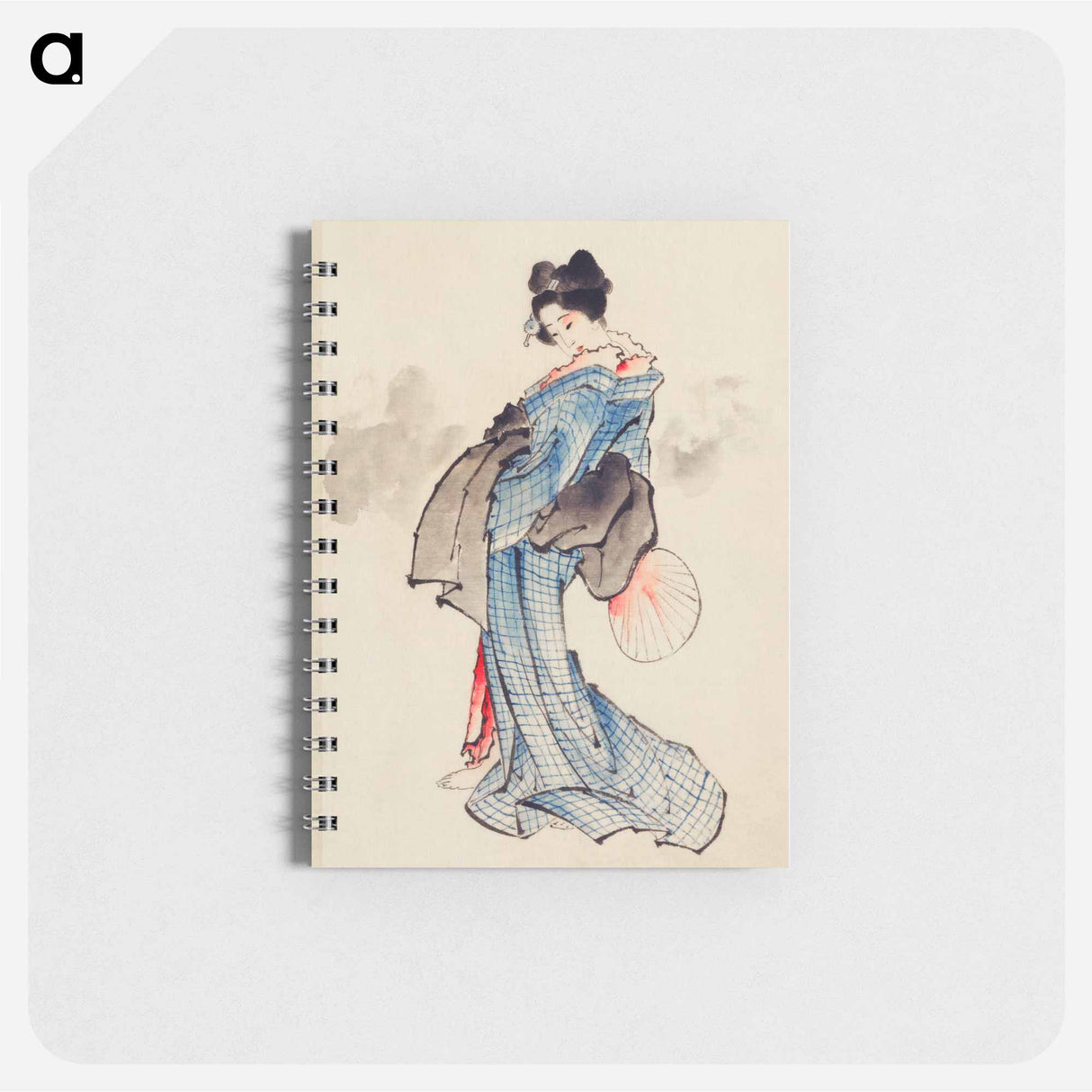 Woman, Full-Length Portrait, Standing, Facing Left, Holding Fan in Right Hand, Wearing Kimono with Check Design - 葛飾 北斎 Memo.