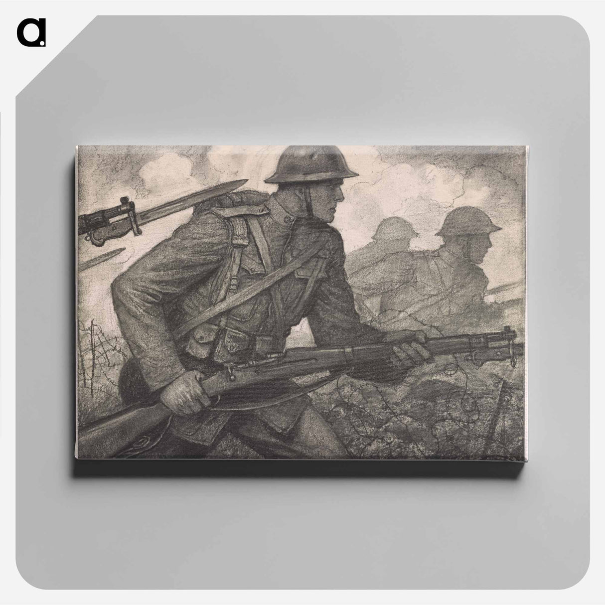 Soldiers carrying rifles with fixed bayonets, advancing through barbed wire entanglements - Wladyslaw Theodor Benda Canvas.