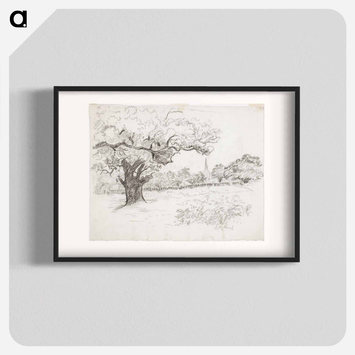 Landskap med stort träd i förgrunden t.v. och kyrktorn - アルフレッド ウィリアム フィンチ Poster.