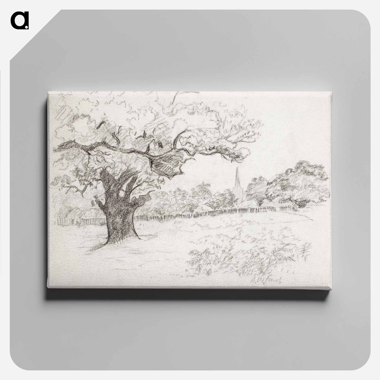 Landskap med stort träd i förgrunden t.v. och kyrktorn - アルフレッド ウィリアム フィンチ Canvas.