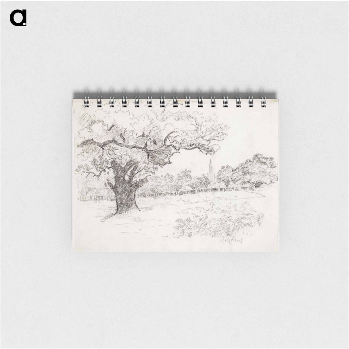 Landskap med stort träd i förgrunden t.v. och kyrktorn - アルフレッド ウィリアム フィンチ Memo.