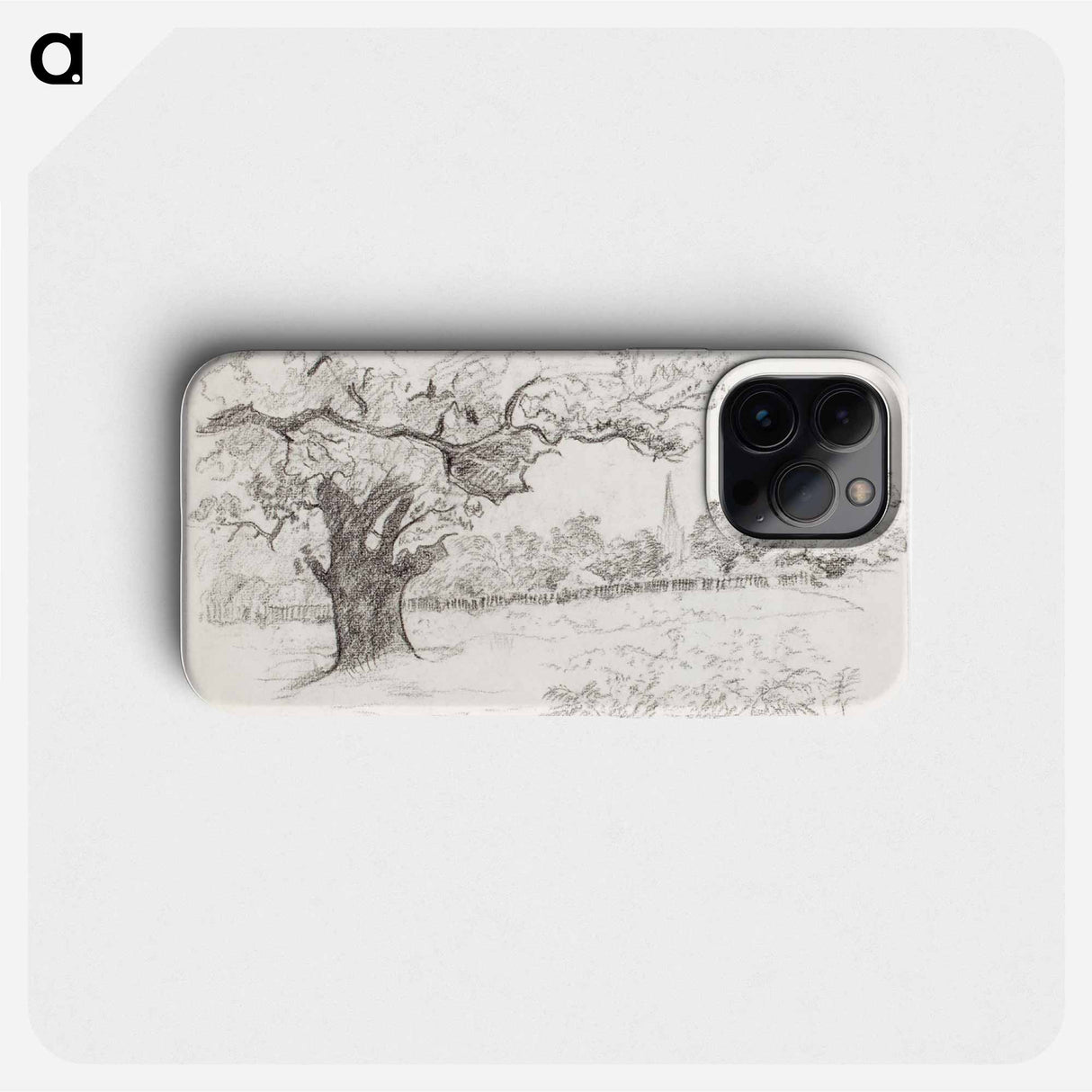 Landskap med stort träd i förgrunden t.v. och kyrktorn - アルフレッド ウィリアム フィンチ Phone Case.