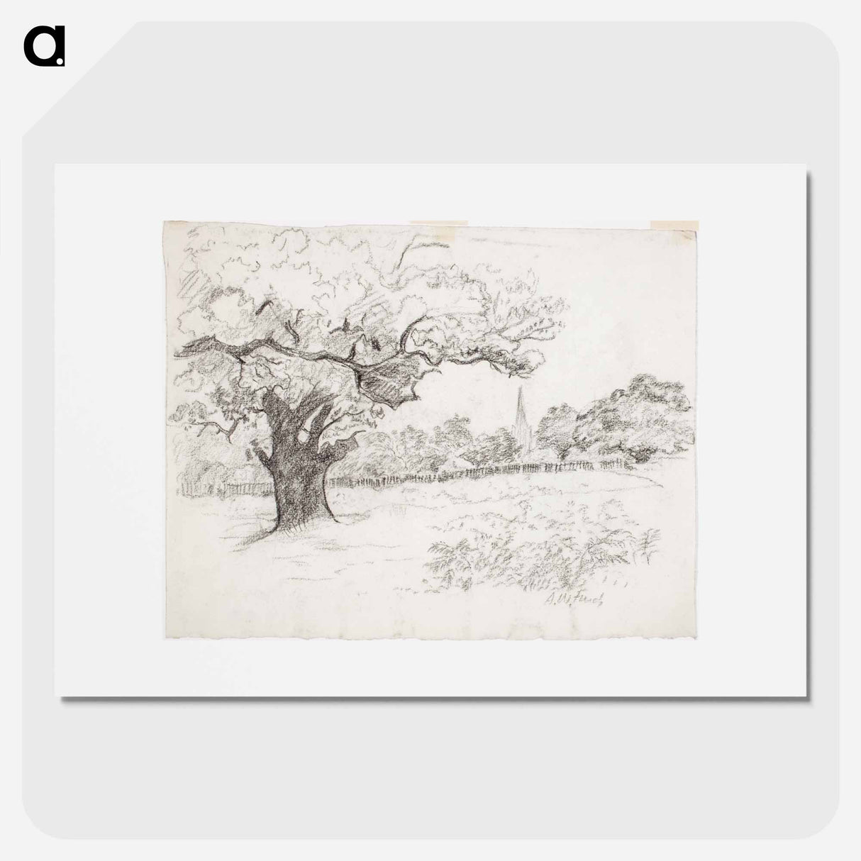 Landskap med stort träd i förgrunden t.v. och kyrktorn - アルフレッド ウィリアム フィンチ Poster.