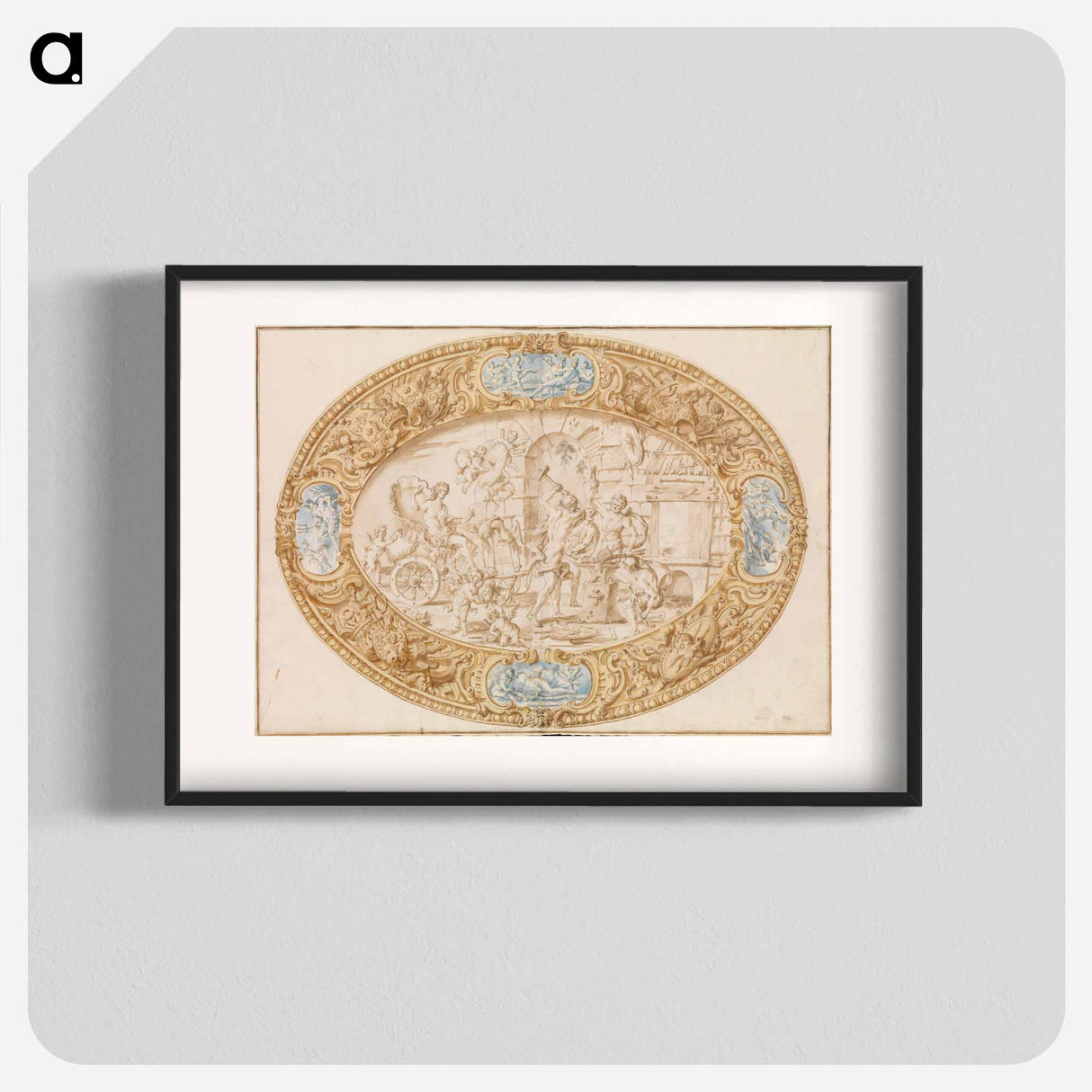 Design (Full-Scale Working Drawing) for a Large Oval Silver Dish with Silver Gilt Border Showing Vulcan's Forge - カラヴァッジョ Poster.