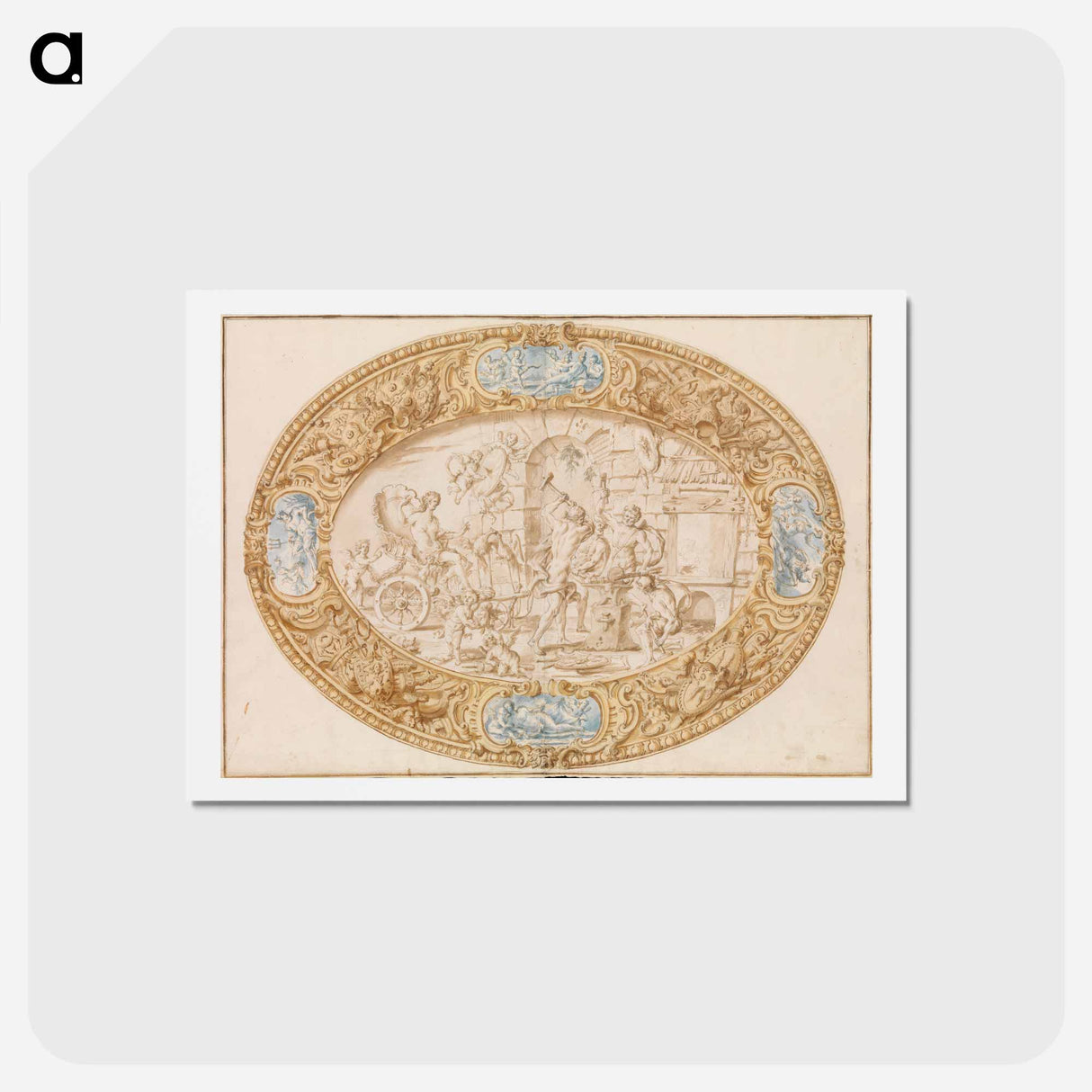 Design (Full-Scale Working Drawing) for a Large Oval Silver Dish with Silver Gilt Border Showing Vulcan's Forge - カラヴァッジョ Postcard.