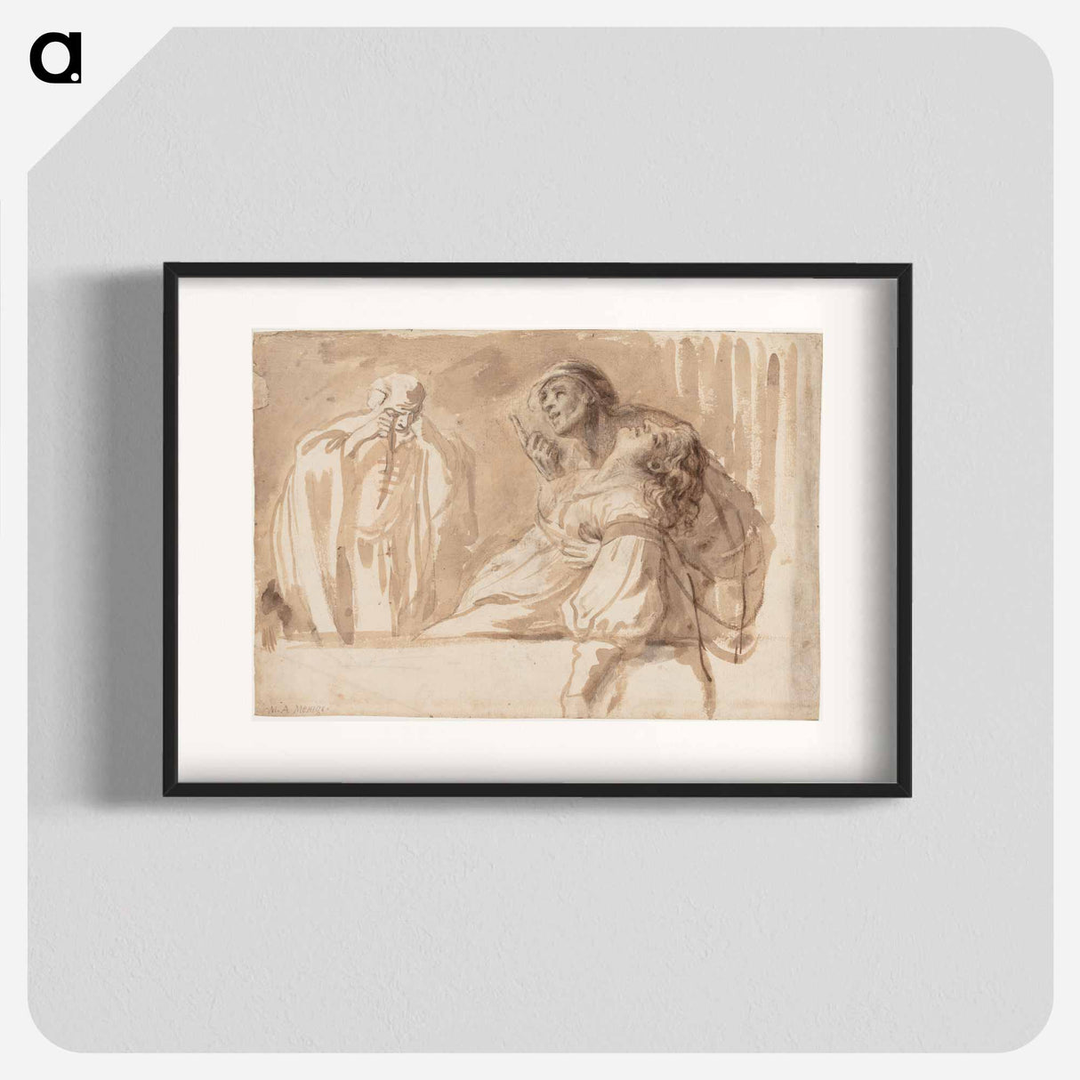 The title is "A young man points upwards while supporting a dead or passed out woman". - カラヴァッジョ Poster.