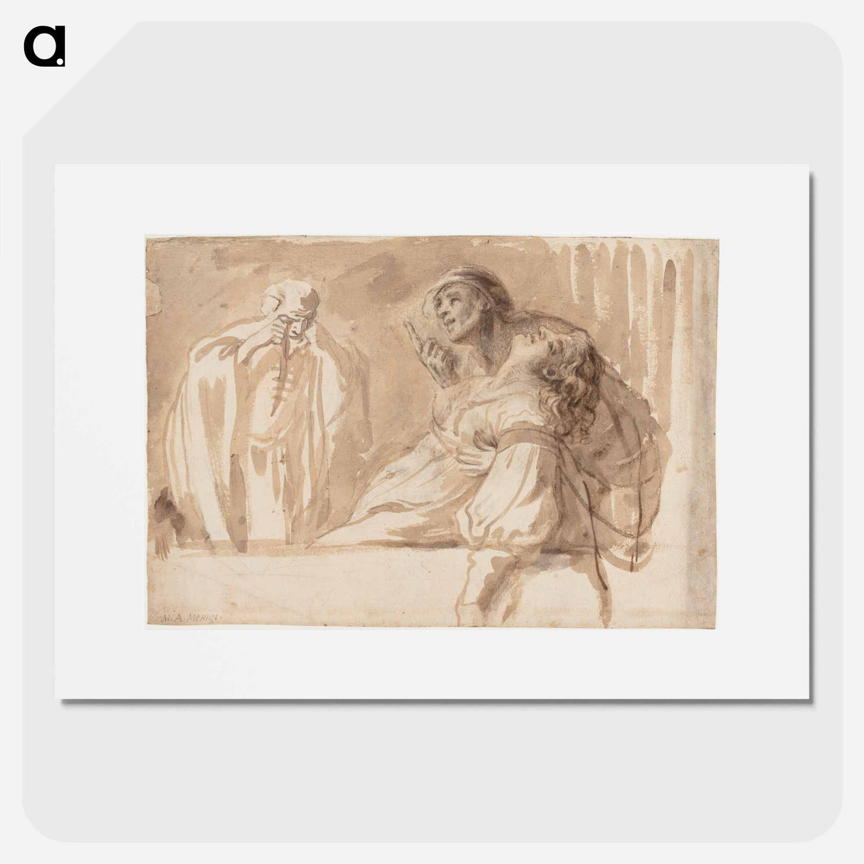 The title is "A young man points upwards while supporting a dead or passed out woman". - カラヴァッジョ Poster.