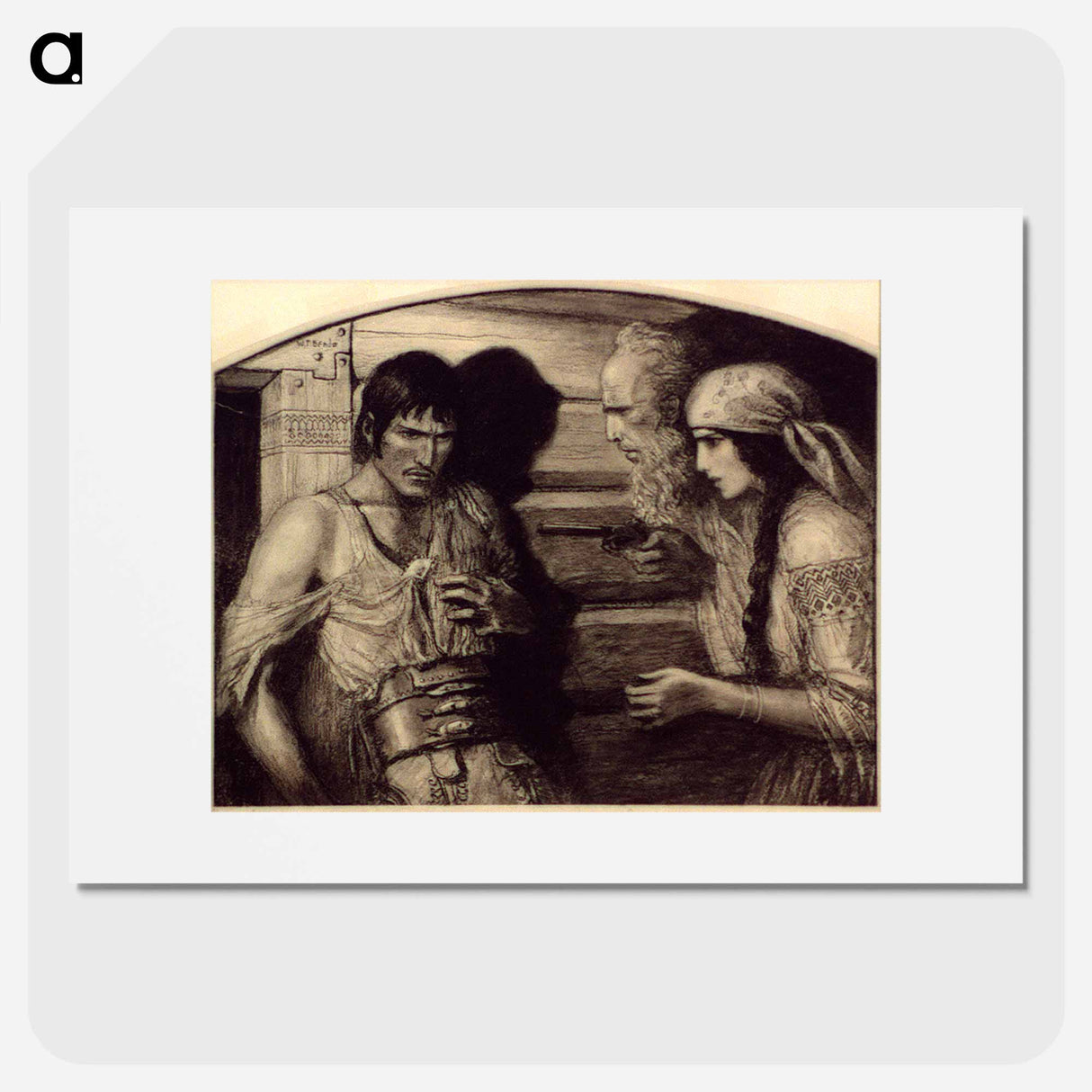 Old man and girl in Slav costume pointing pistol at man by Wladyslaw Theodore Benda - ウワディスワフ テオドール ベンダ Poster.