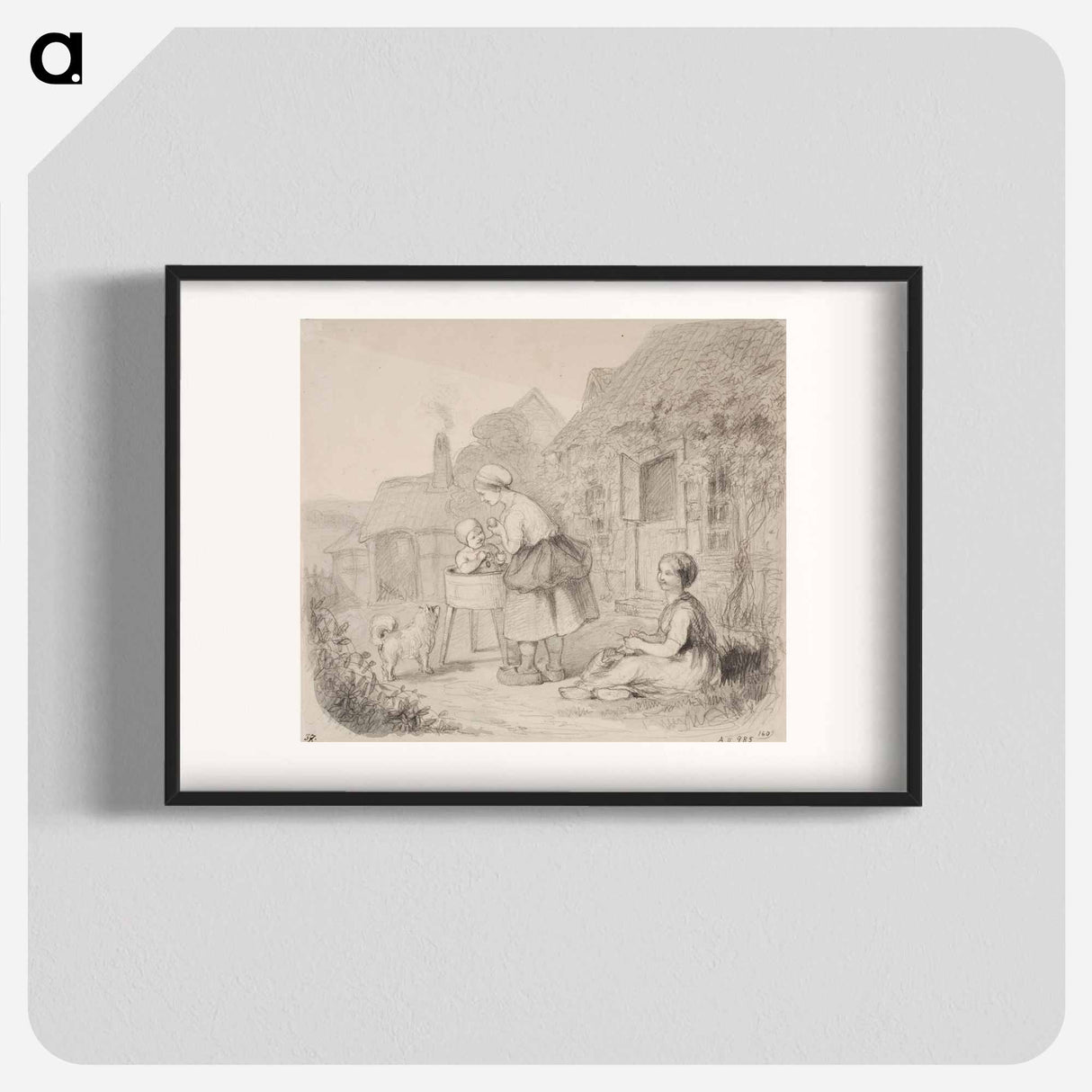 Talonpoikaisnainen kylvettämässä lastaan tuvan pihassa, oikealla maassa istuva neulova nainen, vasemmalla koira. - アンダース エクマン Poster.