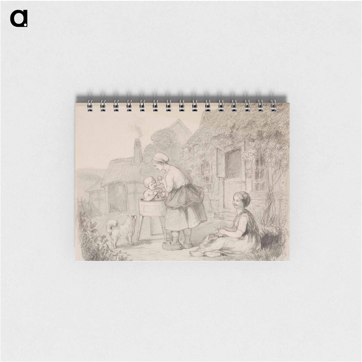 Talonpoikaisnainen kylvettämässä lastaan tuvan pihassa, oikealla maassa istuva neulova nainen, vasemmalla koira. - アンダース エクマン Memo.