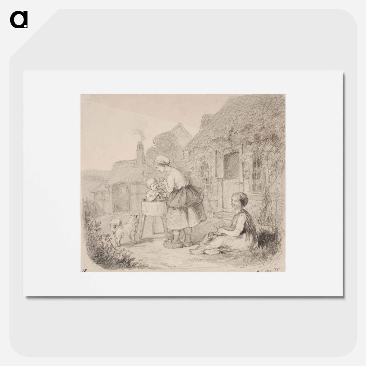 Talonpoikaisnainen kylvettämässä lastaan tuvan pihassa, oikealla maassa istuva neulova nainen, vasemmalla koira. - アンダース エクマン Poster.