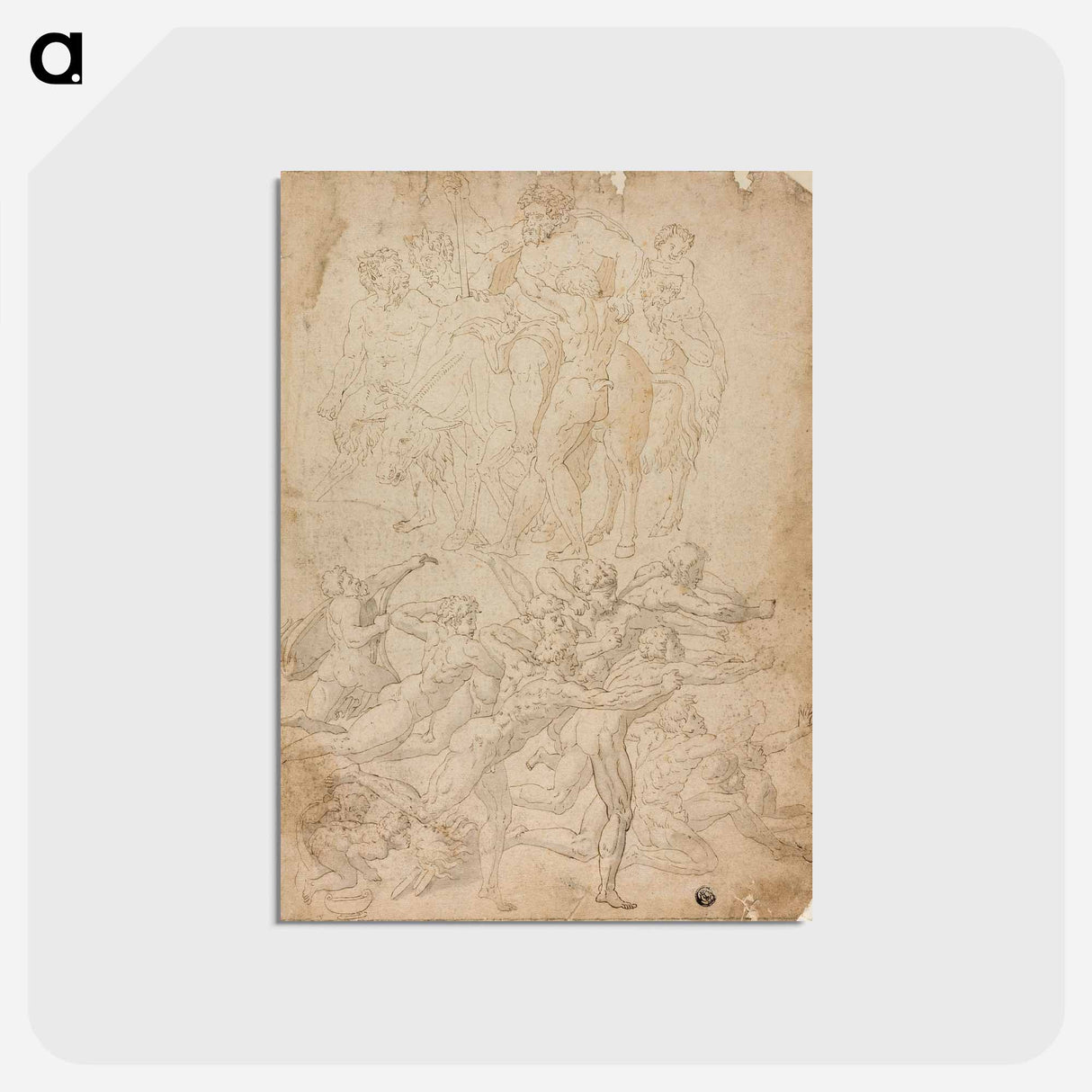 アートポストカード-Archers Shooting at a Herm, Triumph of Bacchus, and Other Studies by Michelangelo Buonarroti - ミケランジェロ ブオナローティ Postcard.
