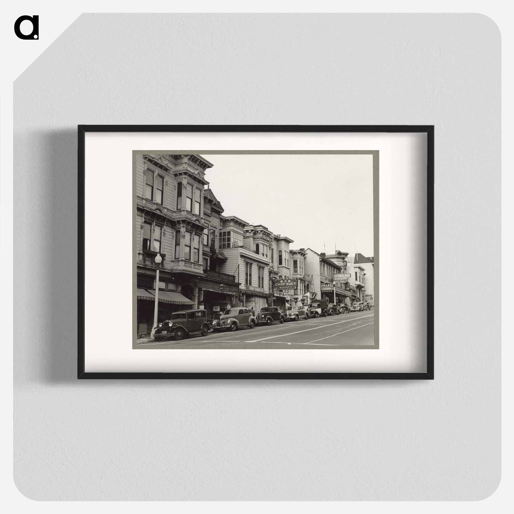 A view of the business district on Post Street in a neighborhood occupied by residents of Japanese ancestry before evacuation and housing in War Relocation Authority c - Dorothea Lange Poster.