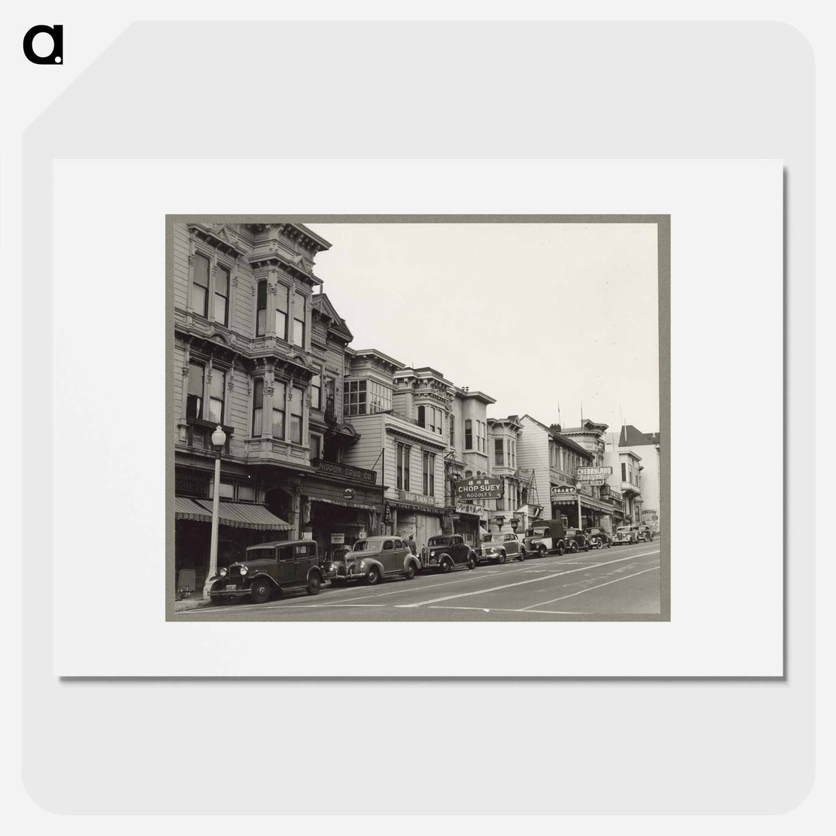 アートポスター-A view of the business district on Post Street in a neighborhood occupied by residents of Japanese ancestry before evacuation and housing in War Relocation Authority c - ドロテア ラング Poster.