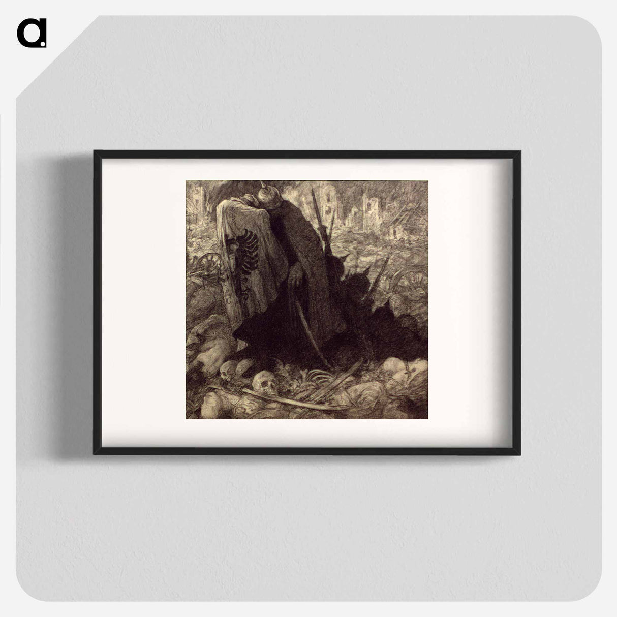 Two men with bowed heads in midst of war carnage by Wladyslaw Theodore Benda - ウワディスワフ テオドール ベンダ Poster.