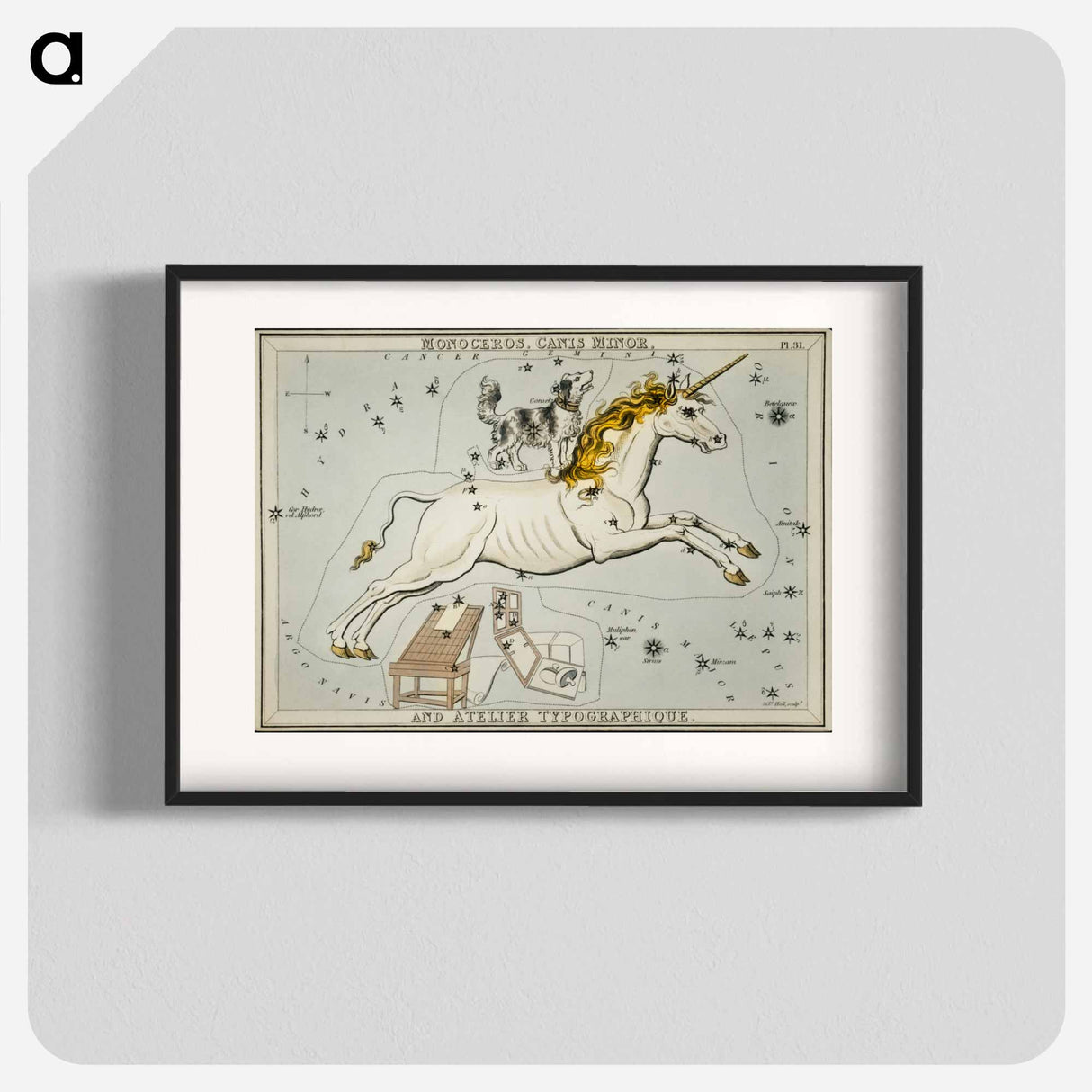 Sidney Hall’s astronomical chart illustration of the Monoceros, Canis Minor and the Atelier Typographique - アンティーク地図 Poster.
