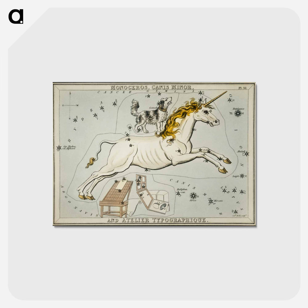 アートポストカード-Sidney Hall’s astronomical chart illustration of the Monoceros, Canis Minor and the Atelier Typographique - アンティーク地図 Postcard.