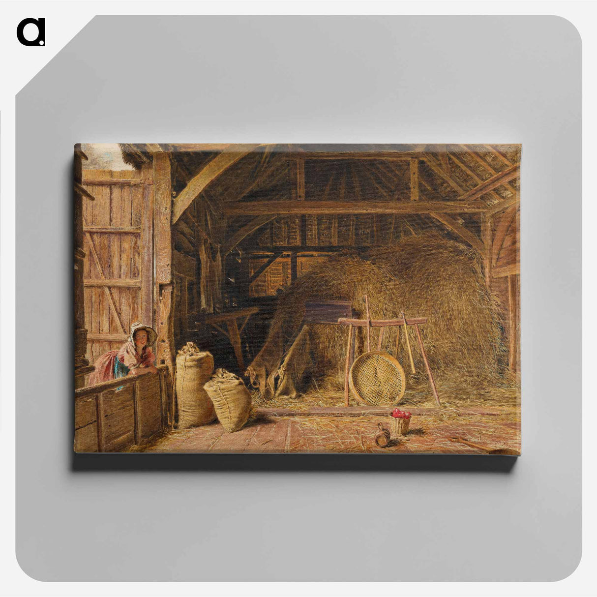 Interior of Barn with Woman Wearing Pink Dress and Hat - William Henry Hunt Canvas.
