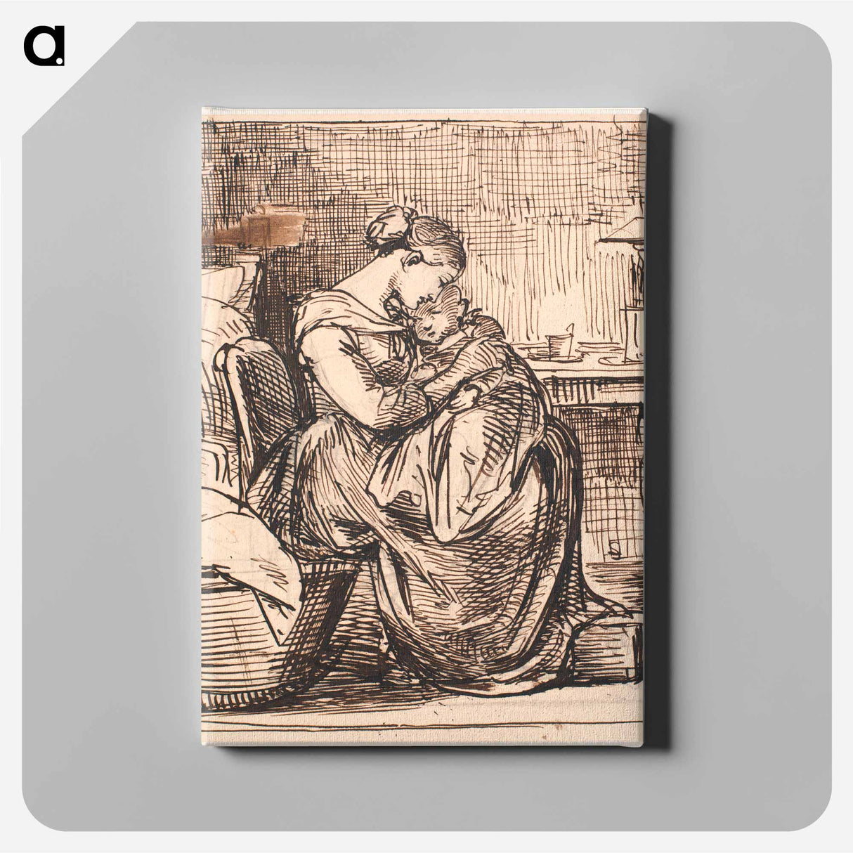 Mother with sleeping child on her lap in bedroom - Wilhelm Marstrand Canvas.