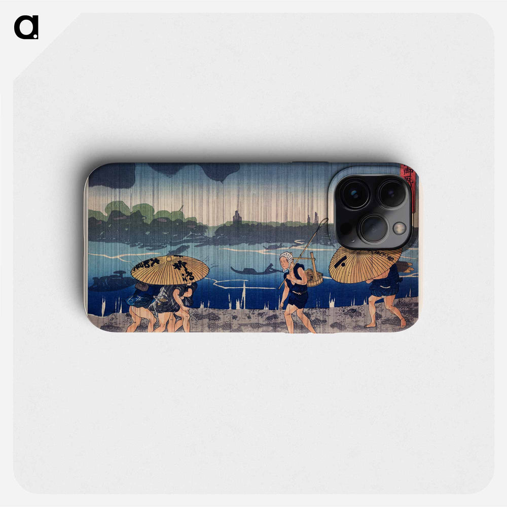 People Walking Beneath Umbrellas Along the Seashore During a Rainstorm - 歌川 国芳 Phone Case.