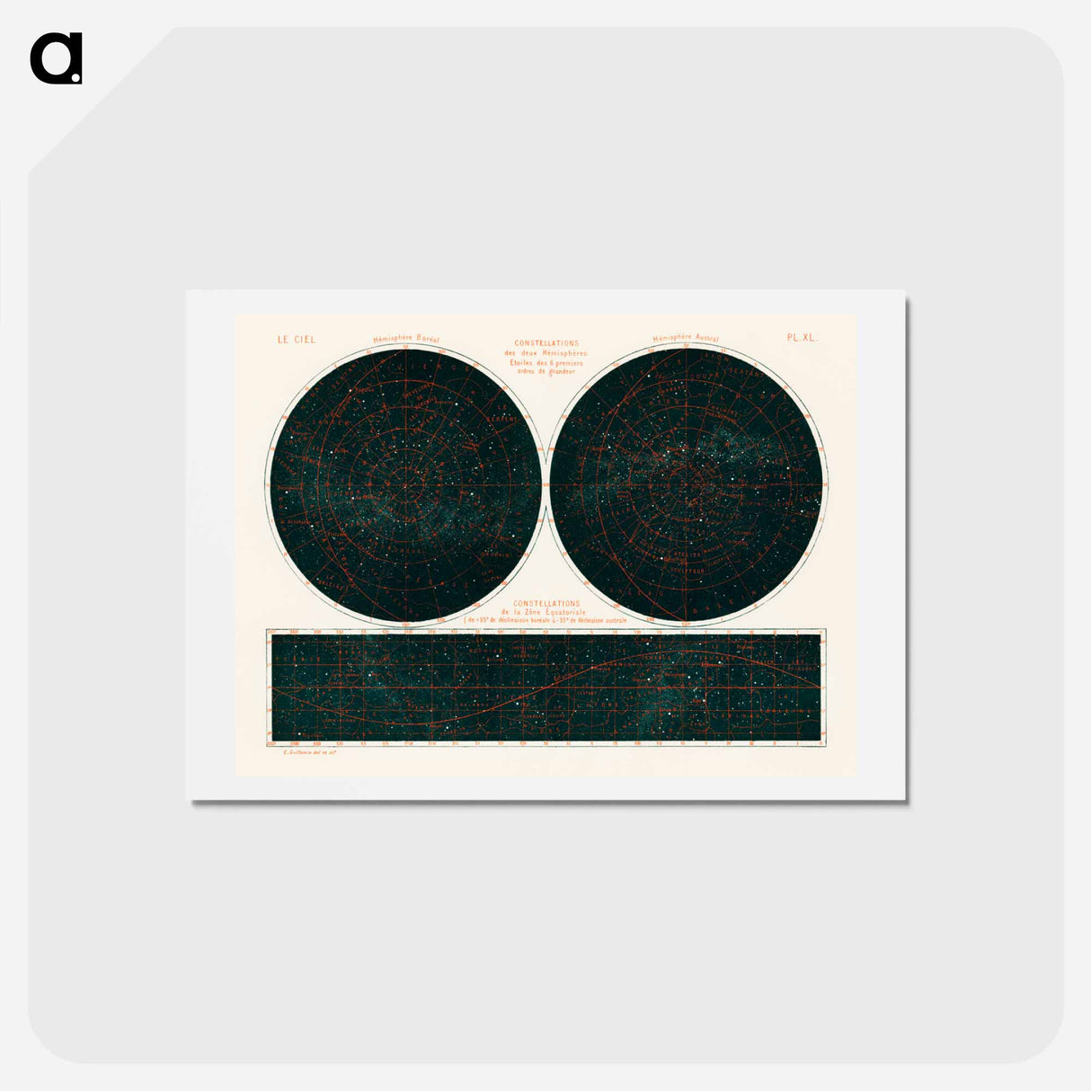 アートポストカード-Constellations of the Two Hemispheres - アンティーク地図 Postcard.