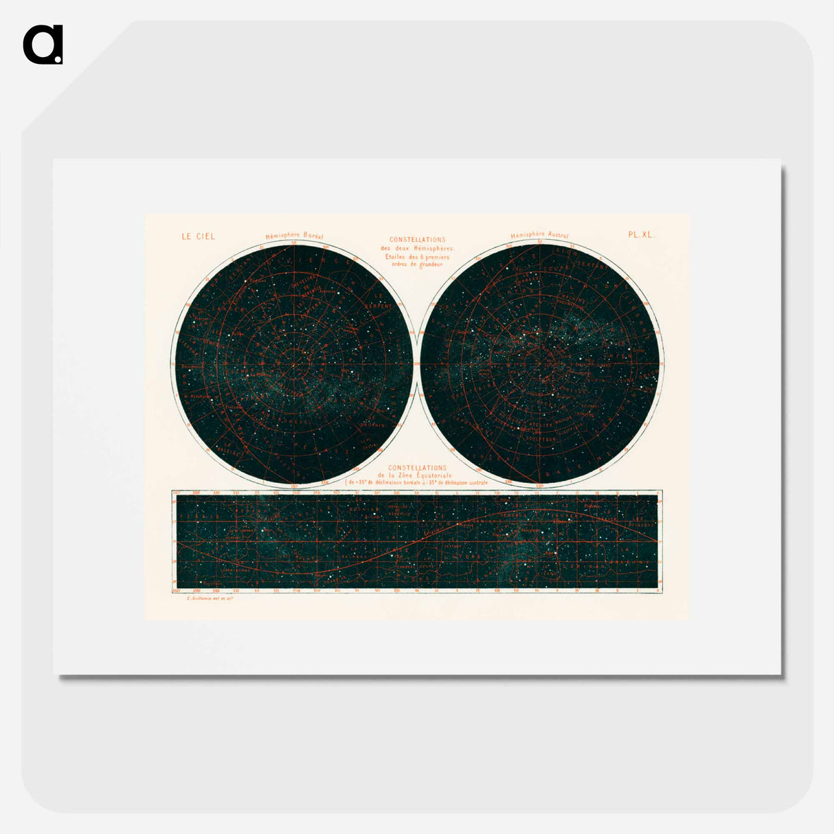 Constellations of the Two Hemispheres - アンティーク地図 Poster.