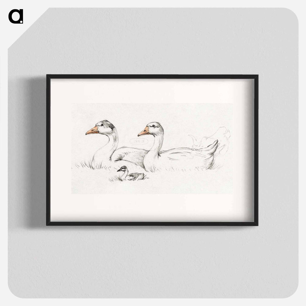 Two geese with a young drawing in high resolution by Jean Bernard - ジャン ベルナール Poster.