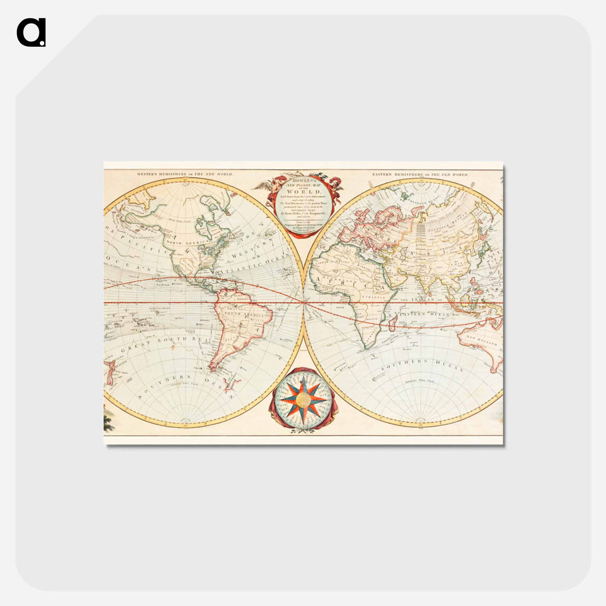 アートポストカード-Bowles's new pocket map of the world - アンティーク地図 Postcard.