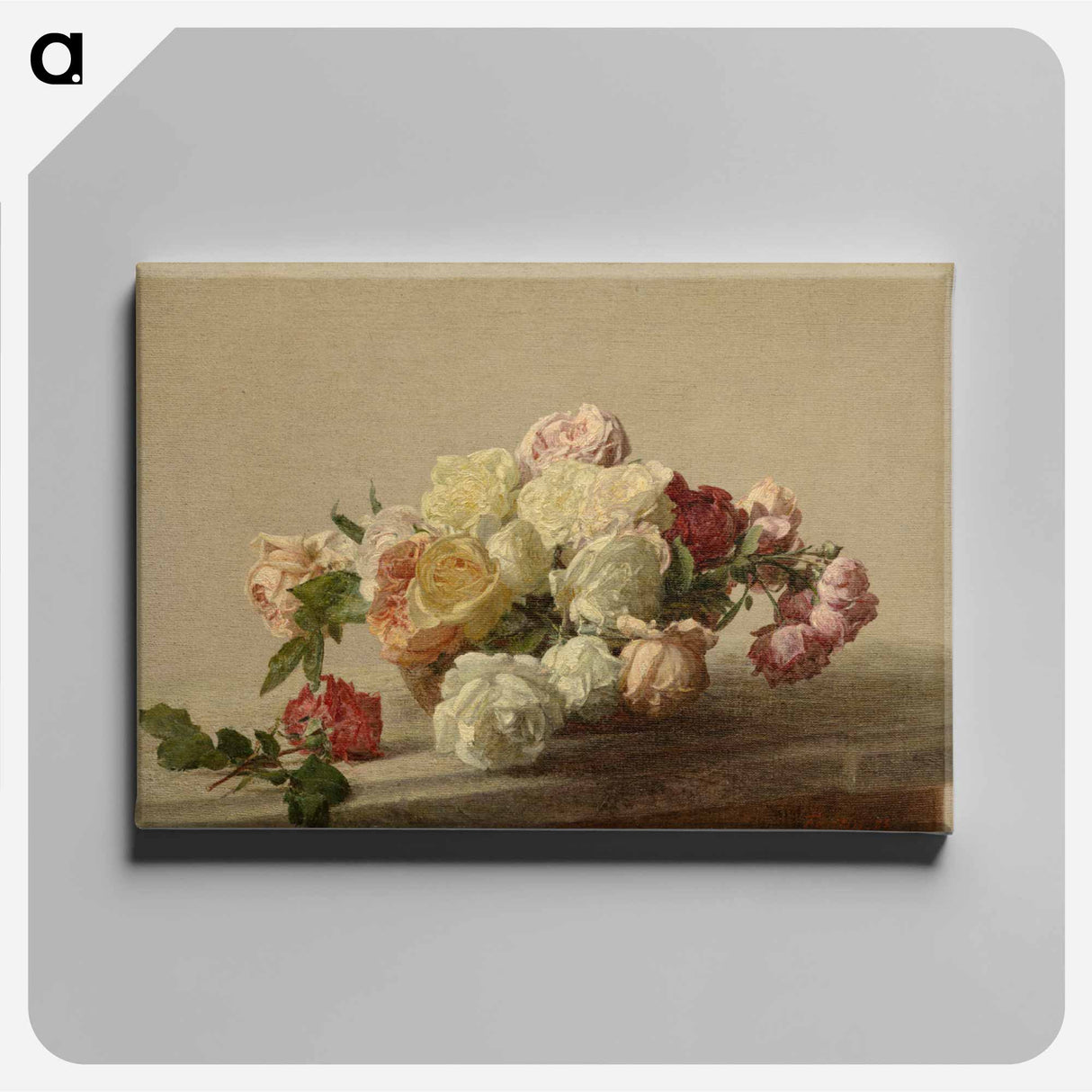 Bowl of Roses on a Marble Table - アンリ ファンタン ラトゥール Canvas.