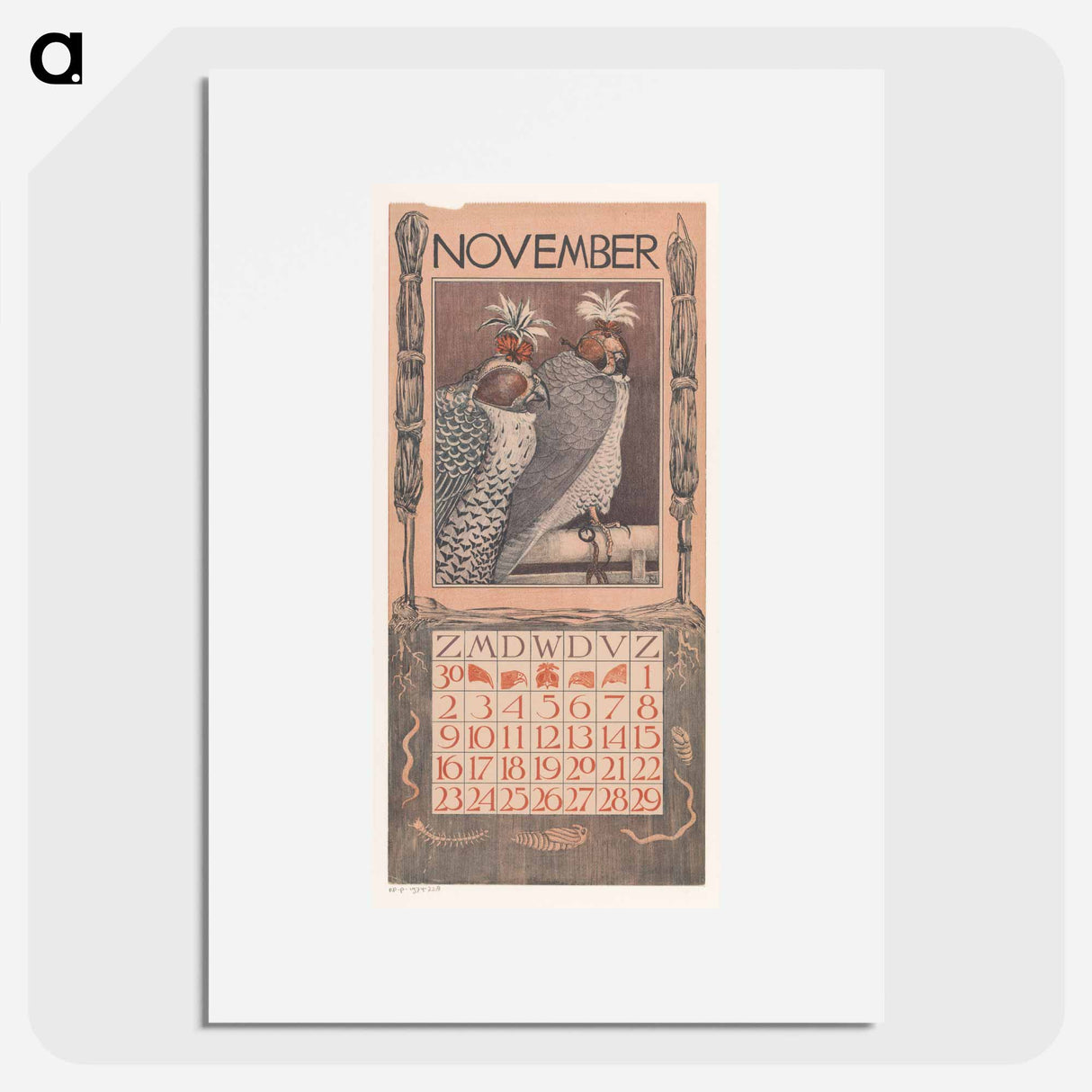 Kalenderblad november met twee valken - テオ ヴァン ホイテマ Poster.