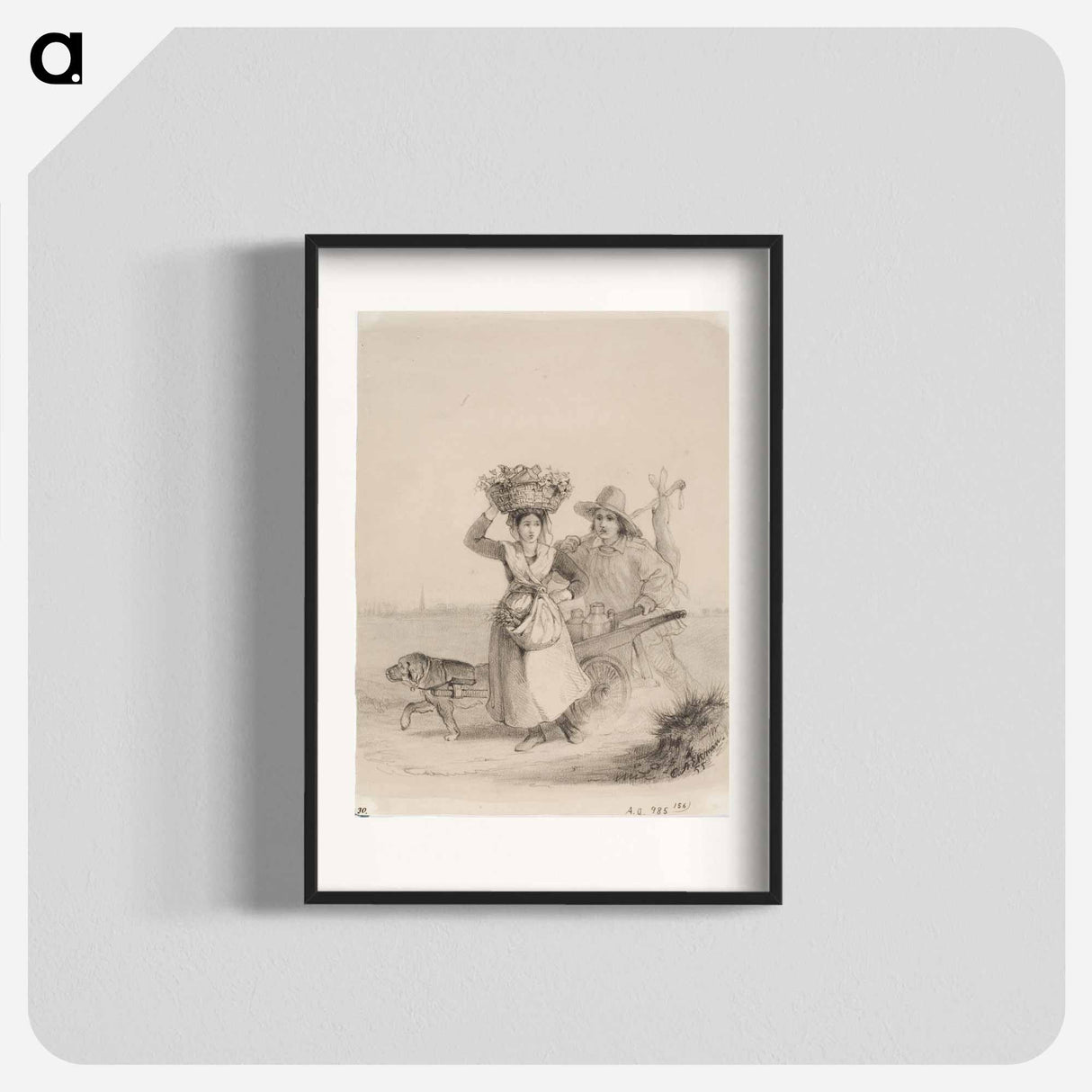 Talonpoikaistyttö kori päänpäällä sekä poika koiran vetämien maitokärryjen kanssa - アンダース エクマン Poster.