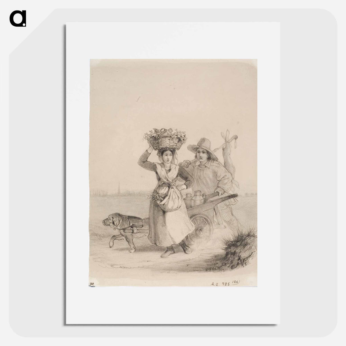 Talonpoikaistyttö kori päänpäällä sekä poika koiran vetämien maitokärryjen kanssa - アンダース エクマン Poster.