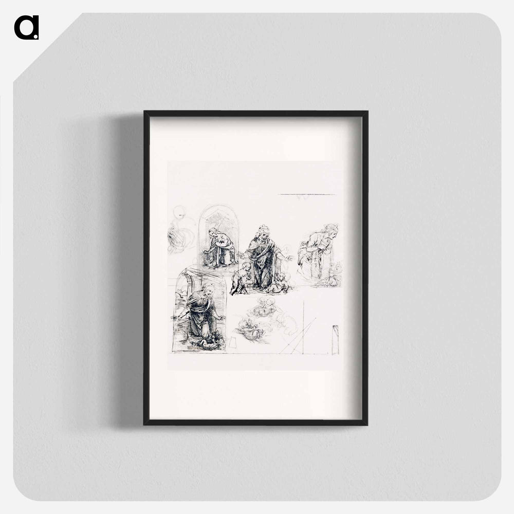 Compositional Sketches for the Virgin Adoring the Christ Child, with and without the Infant St. John the Baptist; Diagram of a Perspectival Projection - Leonardo da Vinci Poster.