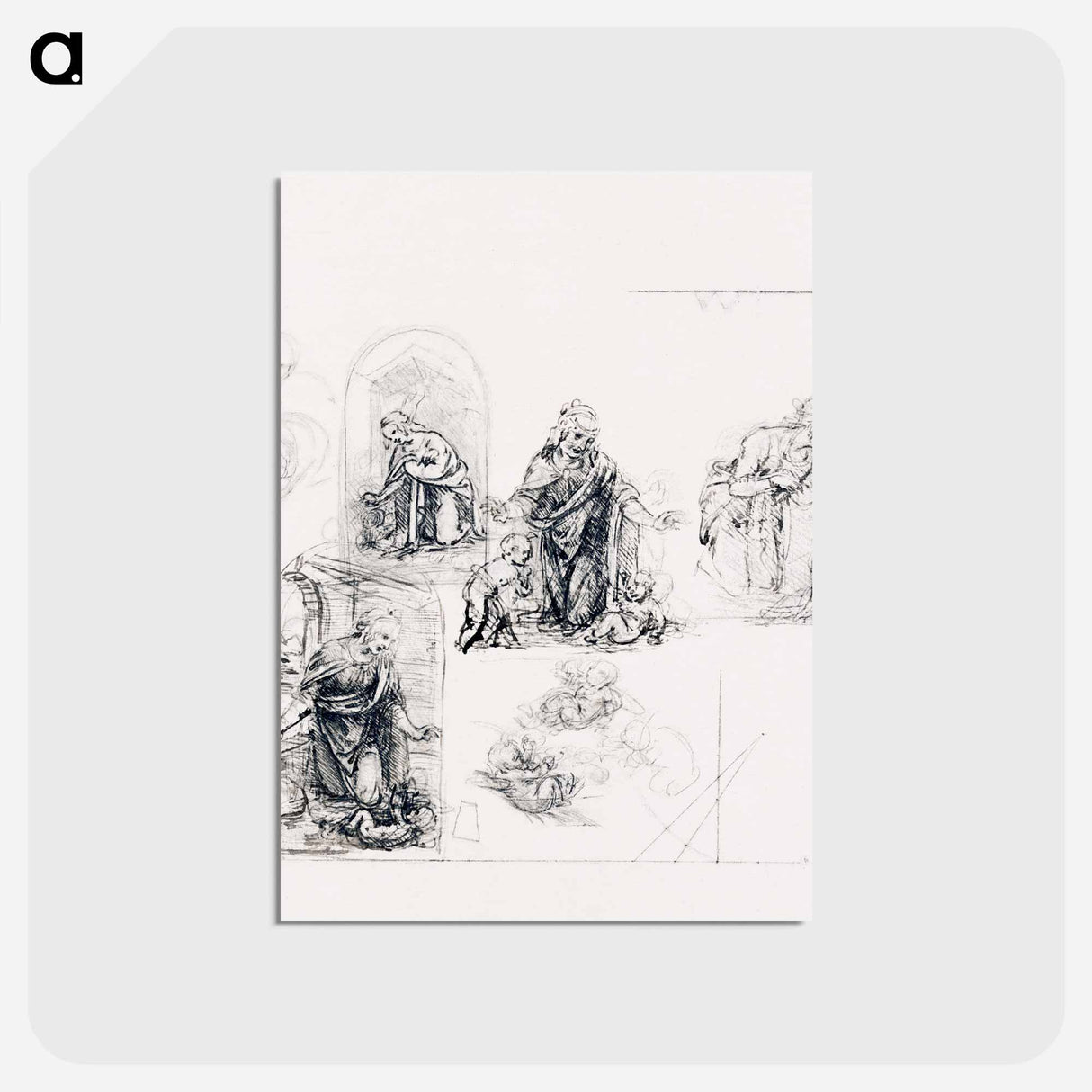 Compositional Sketches for the Virgin Adoring the Christ Child, with and without the Infant St. John the Baptist; Diagram of a Perspectival Projection - レオナルド ダ ヴィンチ Postcard.
