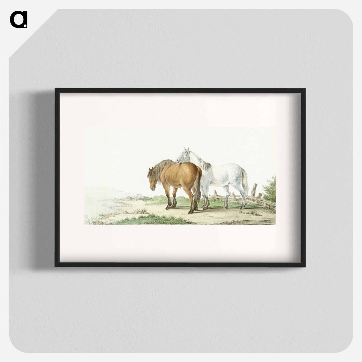 A brown and white horse on a road next to a fence by Jean Bernard - ジャン ベルナール Poster.