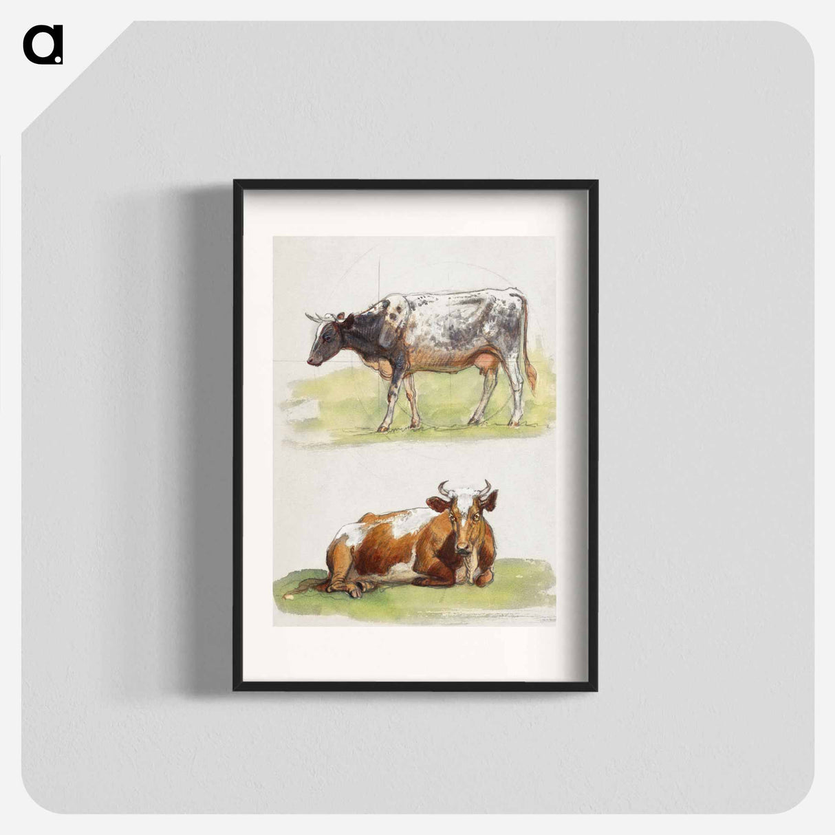 アートポスター-Cattle, a Cow Walking and a Cow Crouching - サミュエル コールマン Poster.