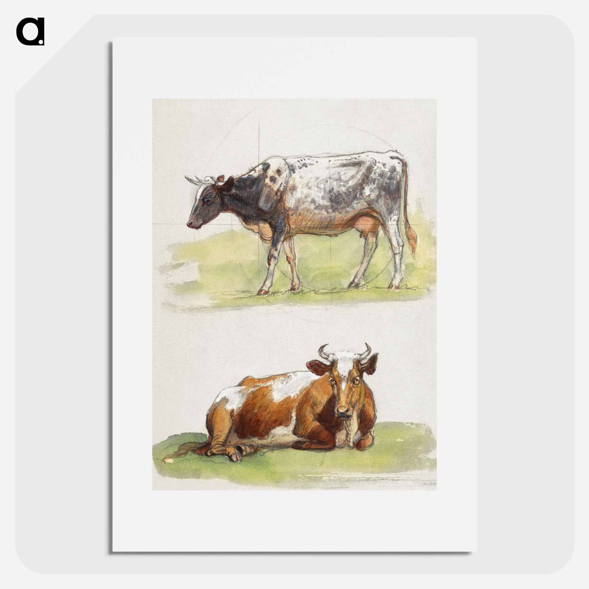 アートポスター-Cattle, a Cow Walking and a Cow Crouching - サミュエル コールマン Poster.