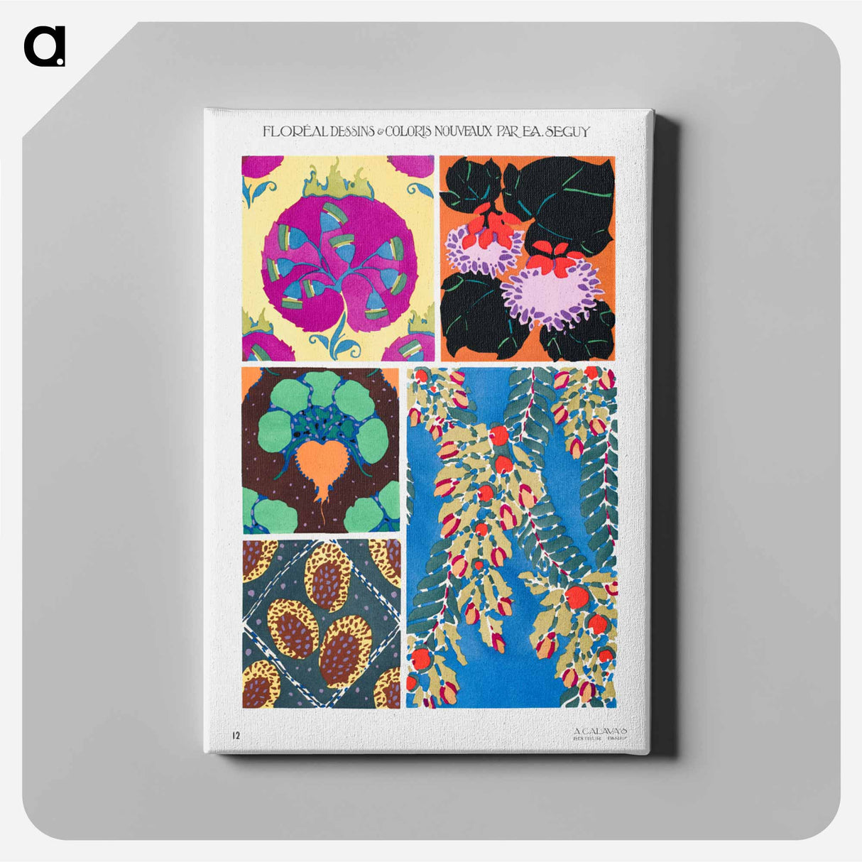 Botanical colorful background, vintage art deco & art nouveau background, plate no. 12. from our own original edition of Floréal: dessins and coloris nouveaux - E.A.セギー Canvas.