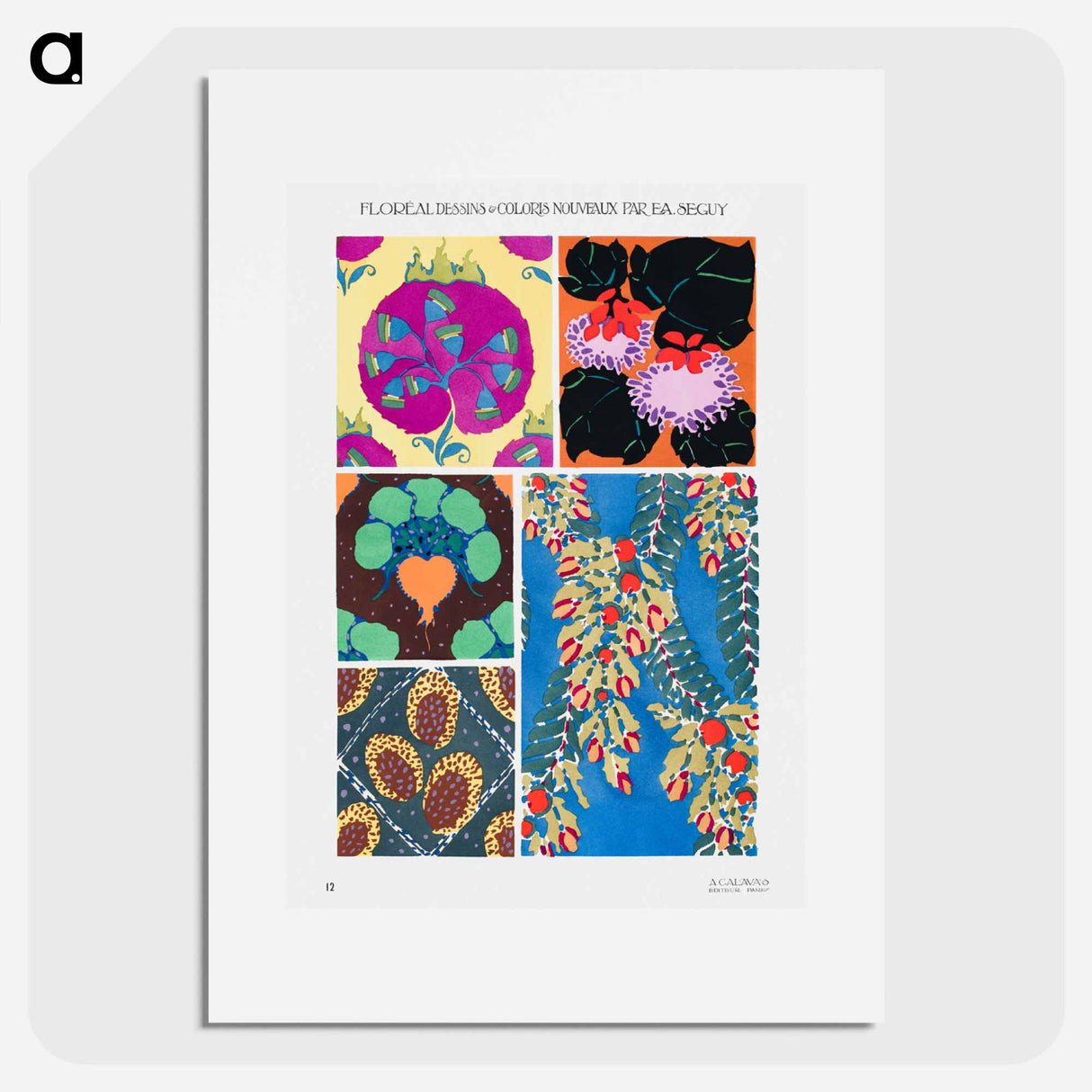 Botanical colorful background, vintage art deco & art nouveau background, plate no. 12. from our own original edition of Floréal: dessins and coloris nouveaux - E.A.セギー Poster.